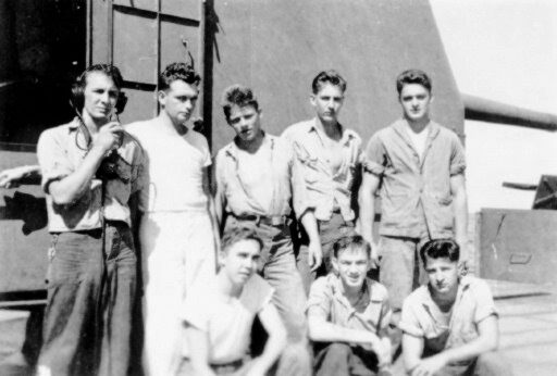 Gun # 55 Crew:<br>BACK ROW (L→R) R. Eldred, F. Hodges, [unknown], B. Brodie, P. Pradovich.<br>FRONT ROW: J.M. Richard, J. Bubenchick, M. Pelligrino.