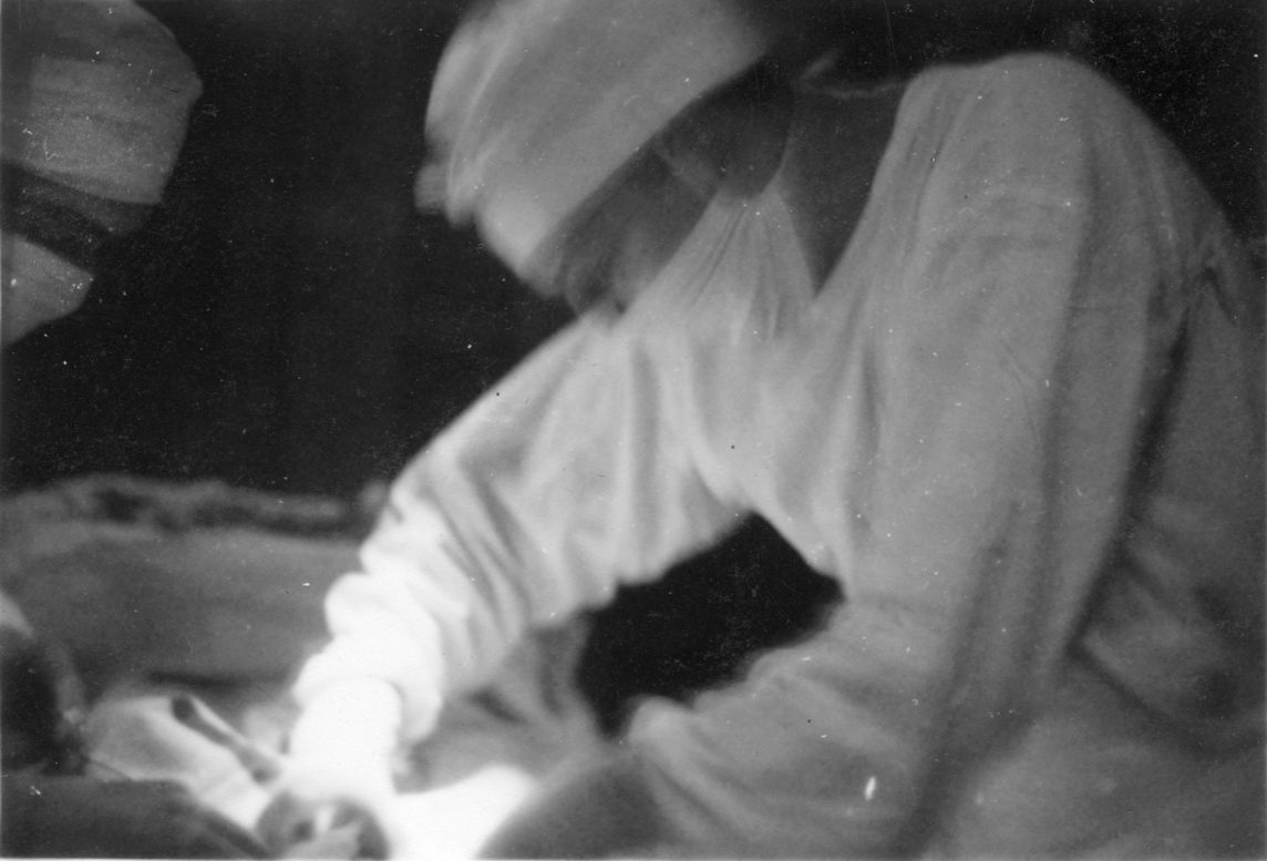 Surgery at sea.<br>Dr. Mrazek removing E. Pelletier’s appendix, 11APR1944.