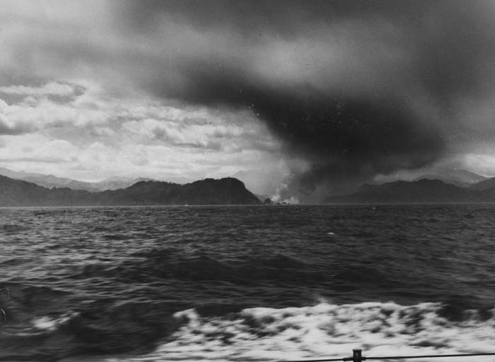 Kamaishi is a mass of flame and smoke as the 16-inch shells land on the Japan imperial iron works