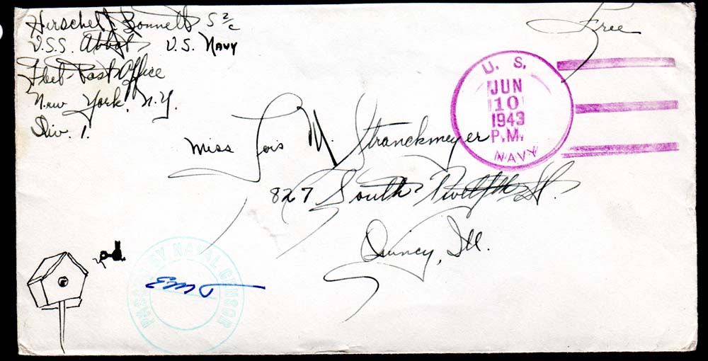 Envelope canceled on Abbot in 1943. USS Abbot envelope