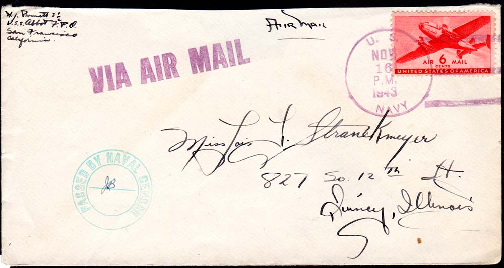 Envelope canceled on Abbot in November 1943. USS Abbot envelope